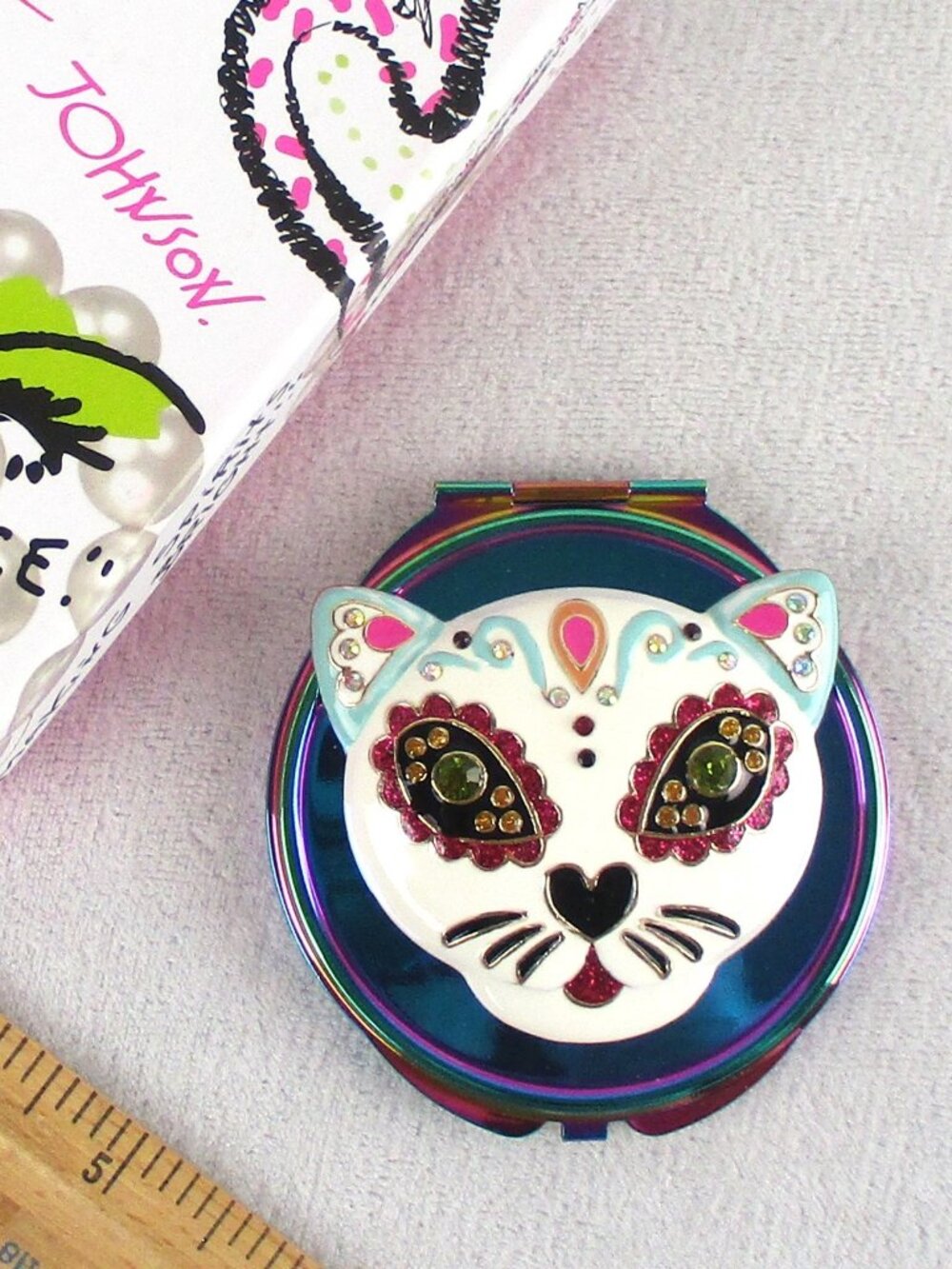 Sugar Skull Cat Mirror Compact Betsy Johnson Enamel and Rhinestones